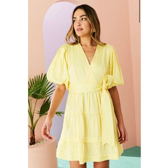 Marie Oliver Silk Cotton Butter Yellow Tie Waist V-Neck Side Zip Short Dress 10 - Picture 1 of 11